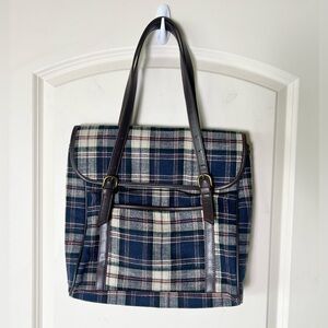 Blue and cream plaid flannel tote bag by C. Ronson